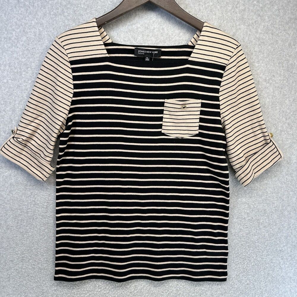 Jones New York Womens Blouse Petite Large Striped Multicolor Roll Tab Sleeve NWT